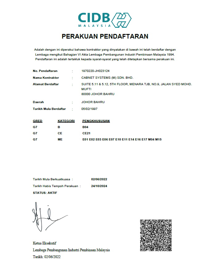 CIDB G7 Registered Company Certificate